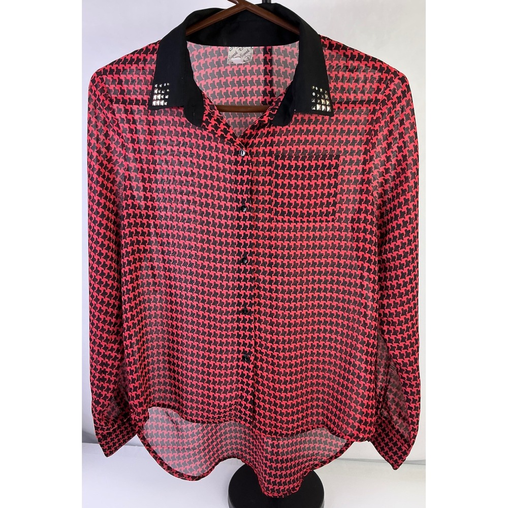 Disney D-Signed Red Black Houndstooth Sheer Studded Collar Blouse Women's XL‎